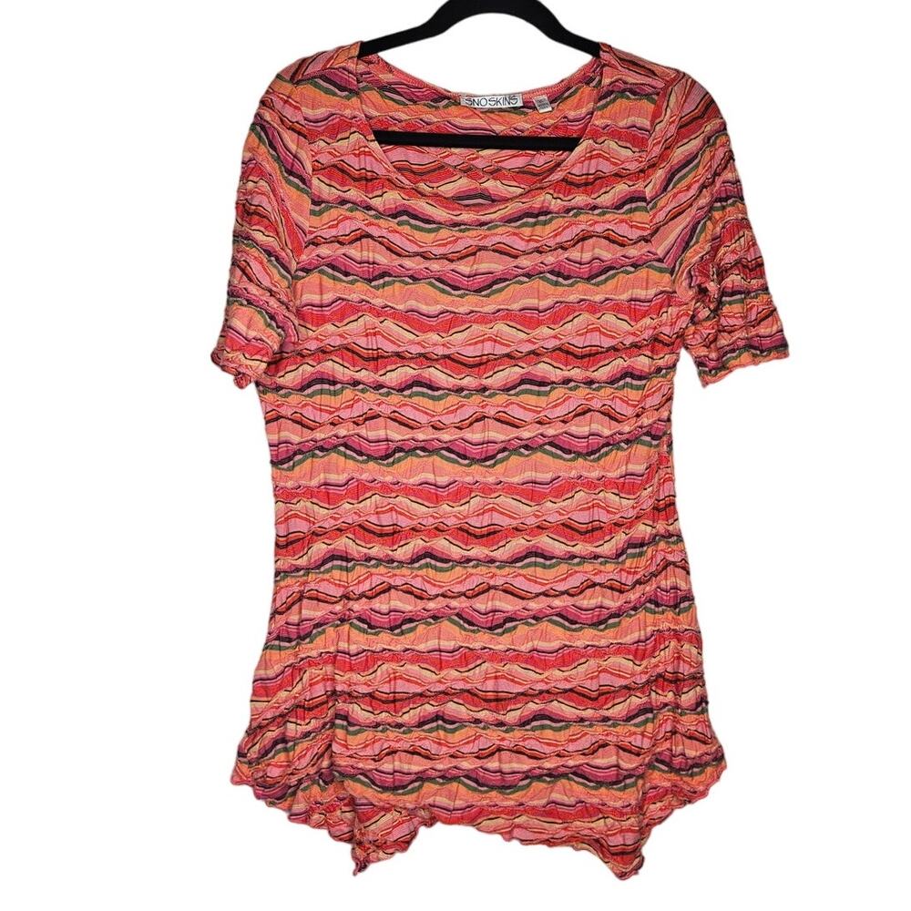 Snoskins XL Pink Wavy Knit Short Sleeve Top Stretch Abstract Scoop Neck